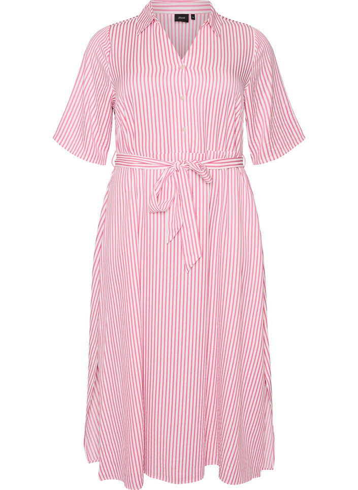 Ankell&aring;ng skjortkl&auml;nning med knytsk&auml;rp och r&auml;nder, Rosa, Packshot image number 0