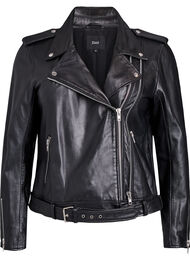Bikerjacka i l&auml;der med sk&auml;rp, Svart