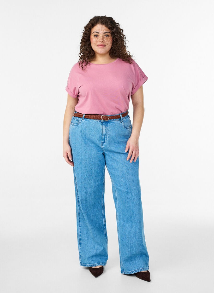 Kort&auml;rmad t-shirt i bomullsblandning, Rosa, Model image number 1