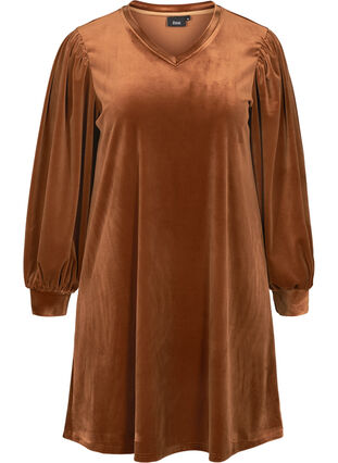 Klänning i velour med långa puffärmar, Brown ASS, Packshot image number 0