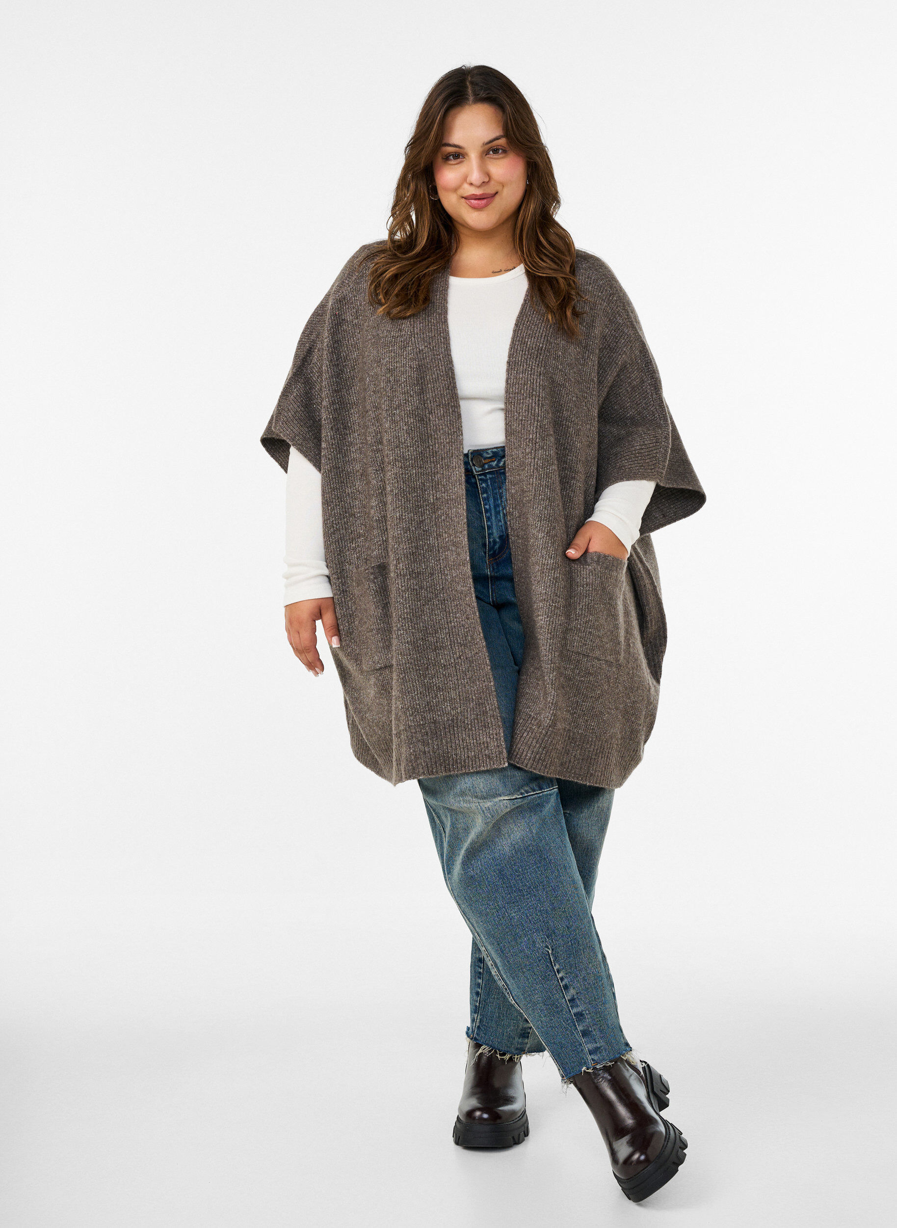 ZizziCardigan &ouml;ppen framtill med vida &auml;rmar, Brun, Model image number 1