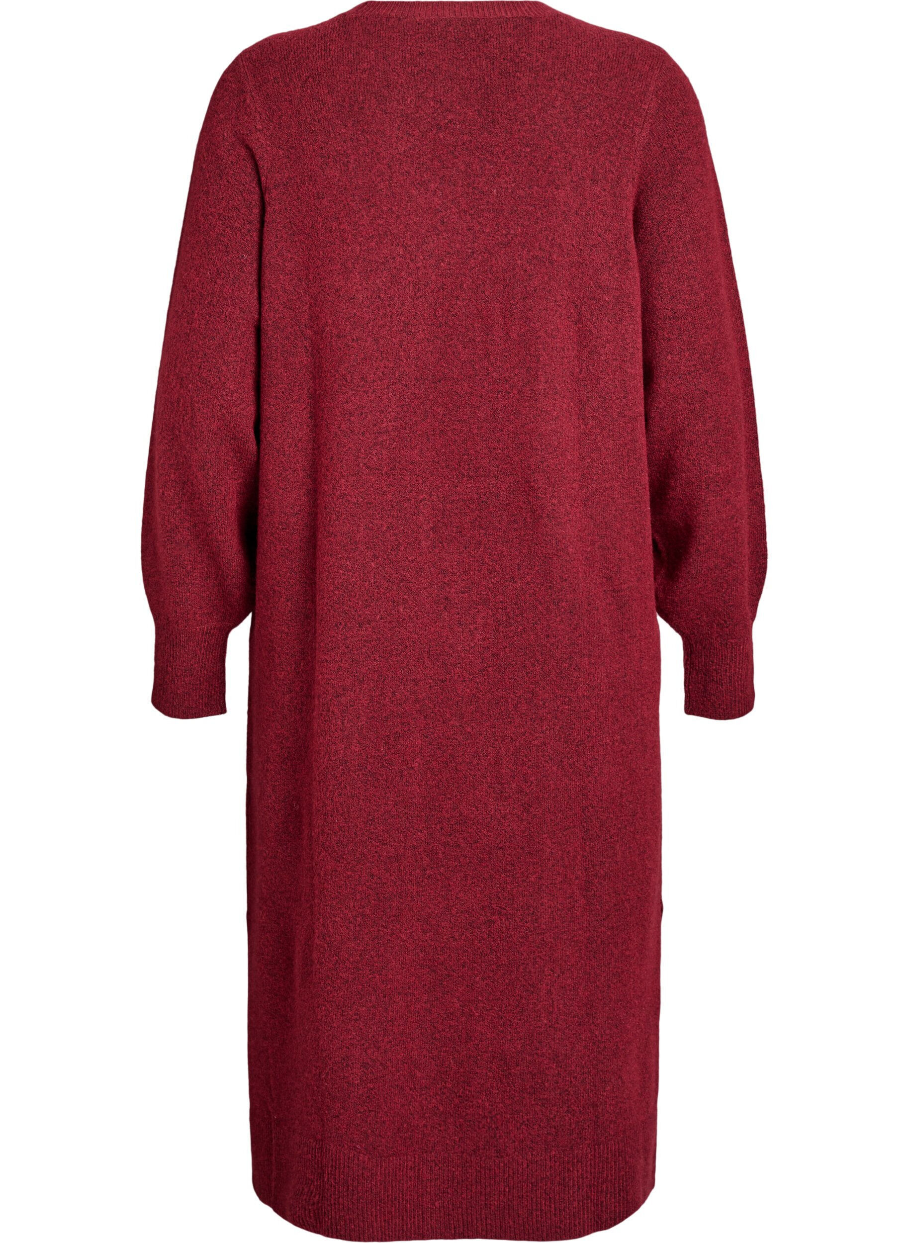 Zizzi L&aring;ng&auml;rmad stickad kl&auml;nning med v-ringning, R&ouml;d, Packshot image number 1