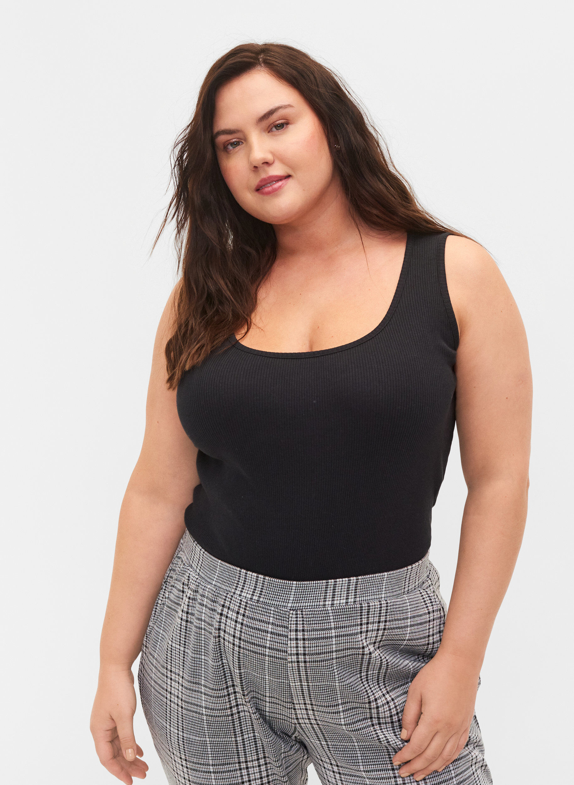 Zizzi 2-pack ribbad bas-tanktop , Black/Bright White, Model image number 0