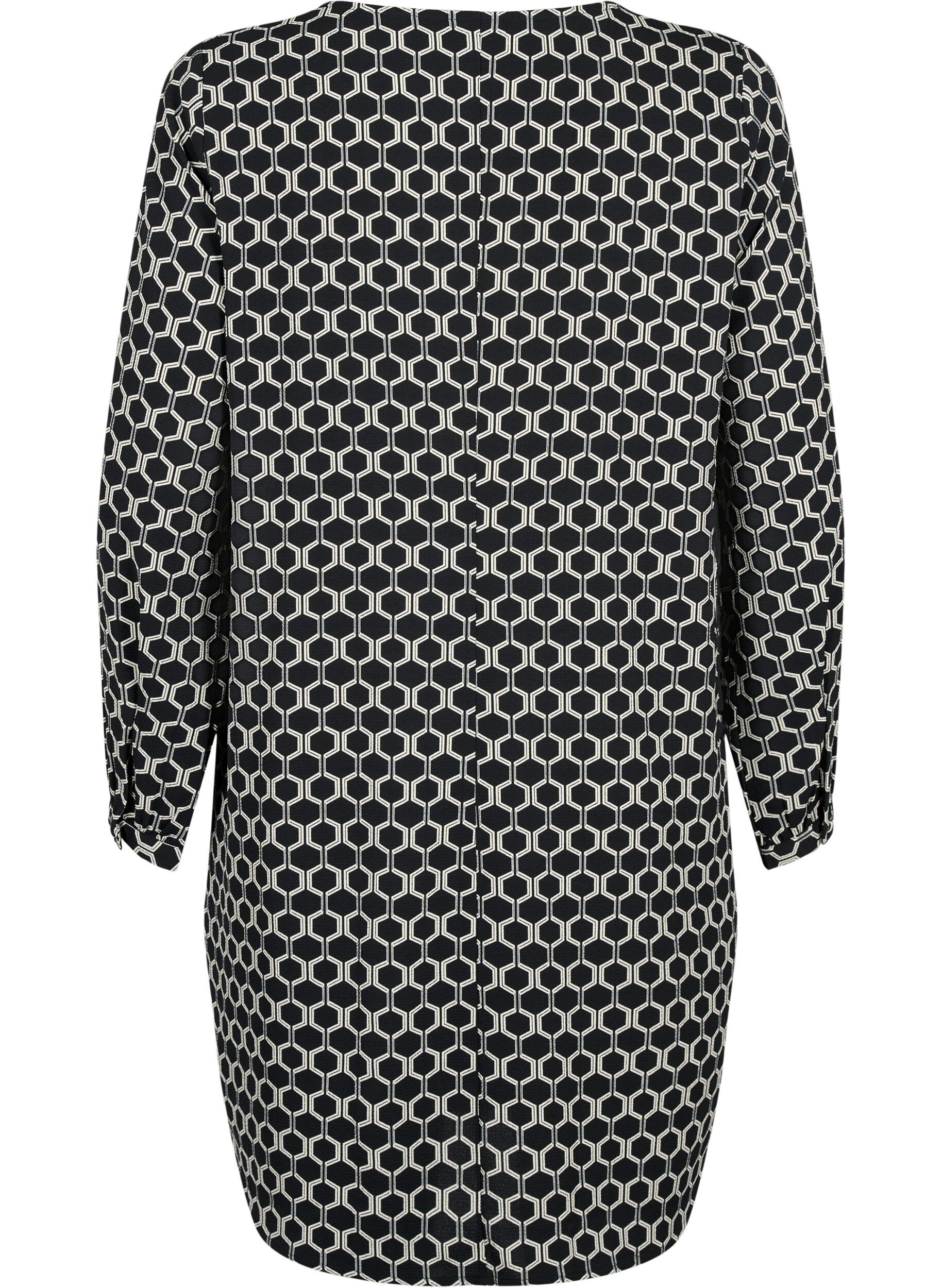 Zizzi Kl&auml;nning med V-ringning och tryck, Black Graphic AOP, Packshot image number 1