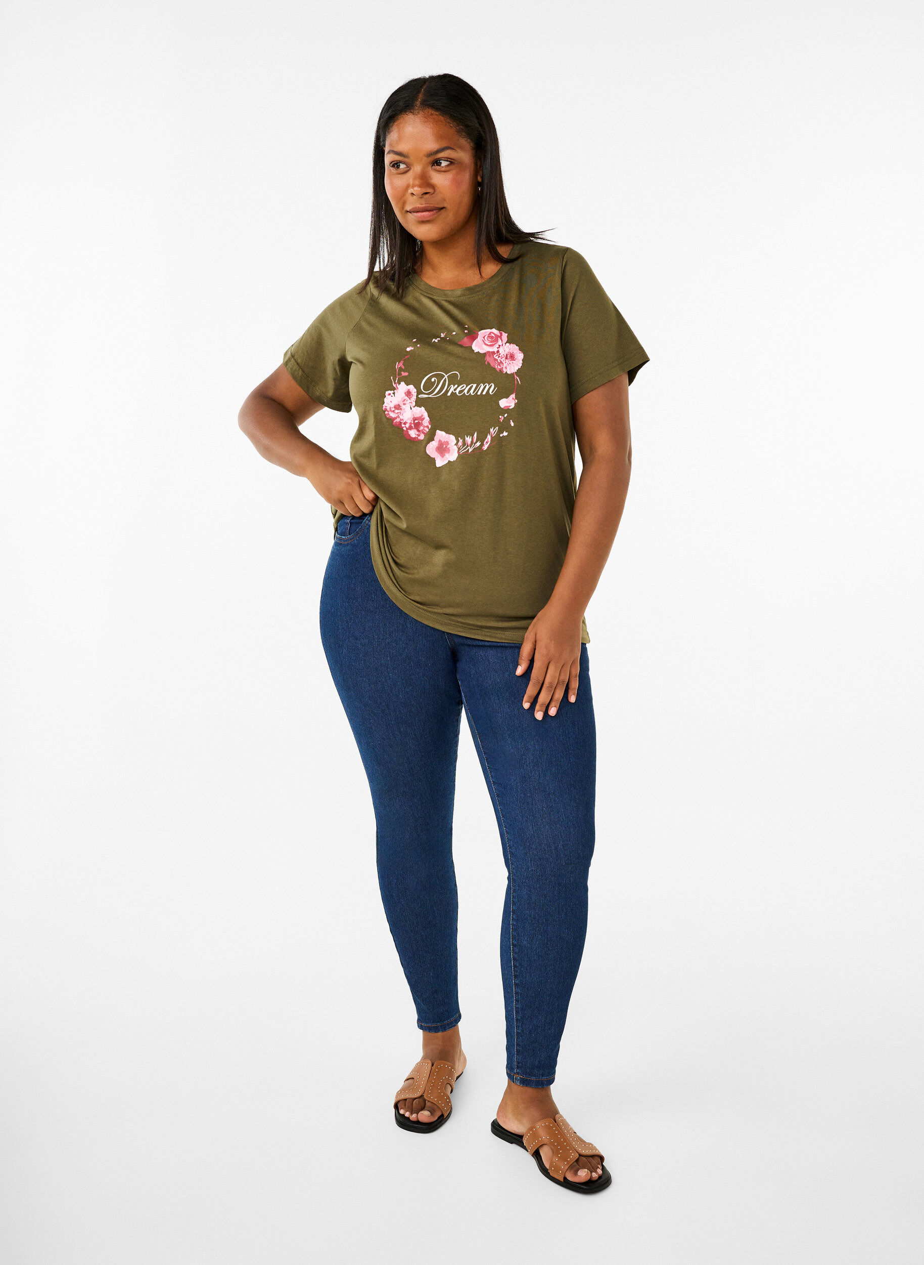 Zizzi T-shirt fr&aring;n FLASH med tryck, Olive Night Flower, Model image number 2