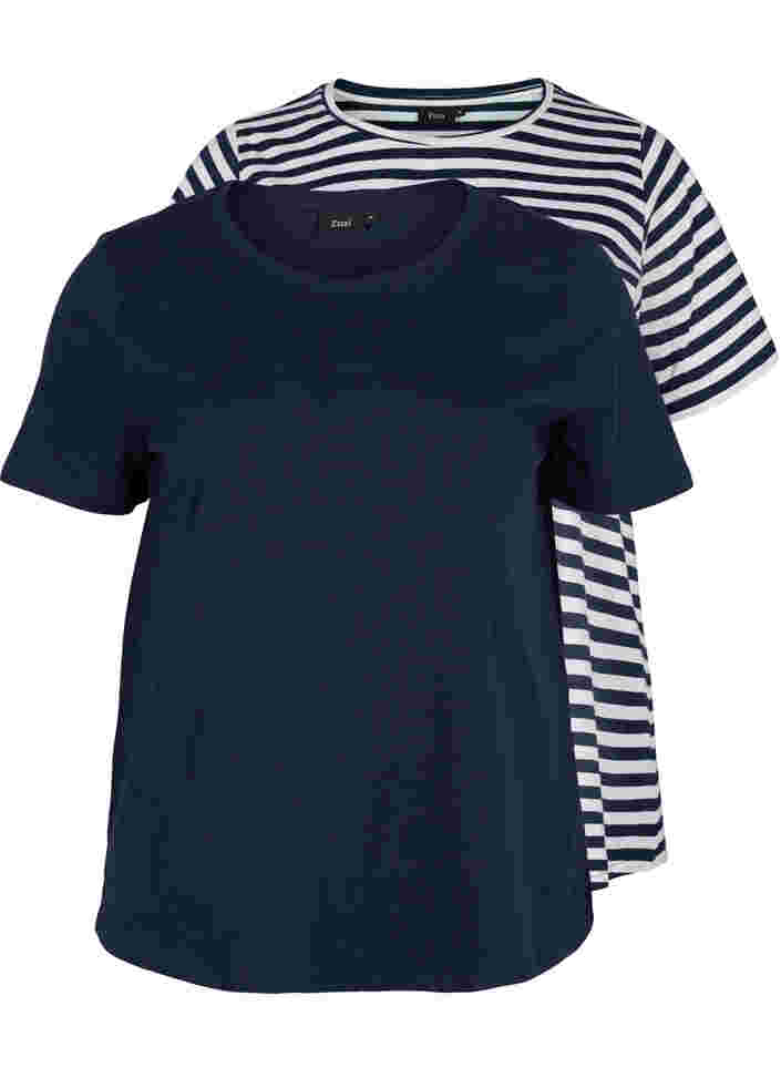 2-pack t-shirt i bomull, Navy/Navy Stripe, Packshot image number 0