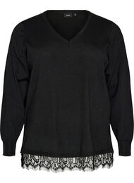 Stickad blus med v-ringning och spetskant, Svart
