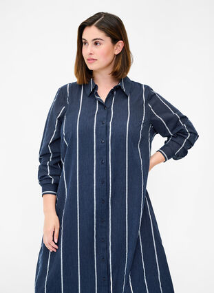 Lång skjortklänning i bomull med randigt mönster, N.Sky w.White Stripe, Model image number 2