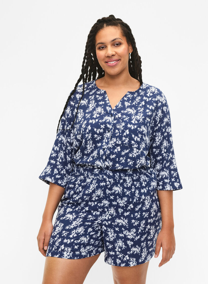  Blommiga nattshorts i bomull, V. Indigo Flower AOP, Model image number 0