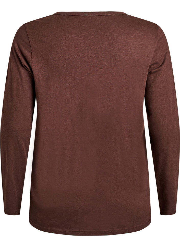 L&aring;ng&auml;rmad t-shirt med v-ringning och knappar, Brun, Packshot image number 1