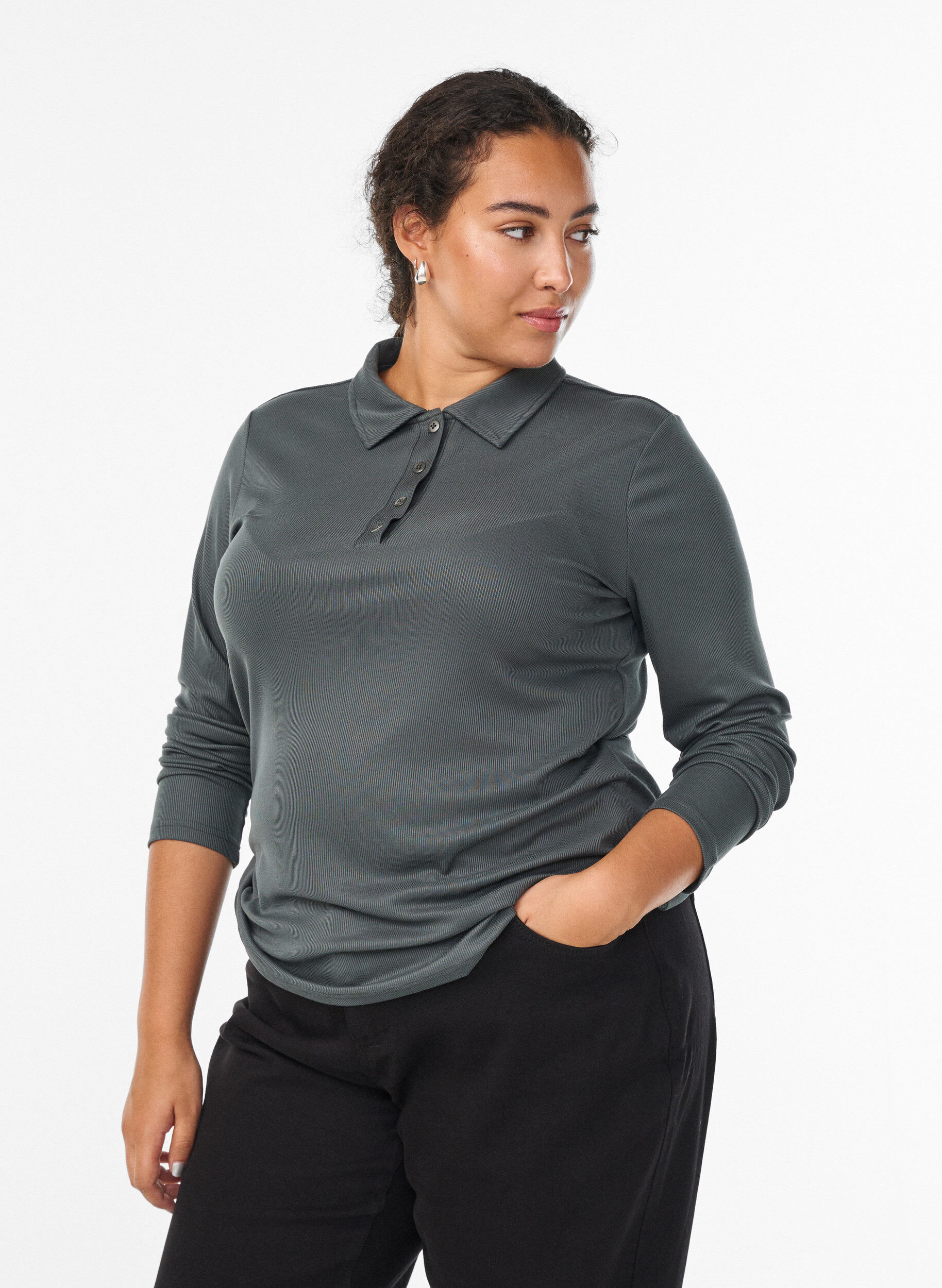 Zizzi Pik&eacute;tr&ouml;ja i mjuk ribb med l&aring;nga &auml;rmar, Gr&ouml;n, Model image number 0