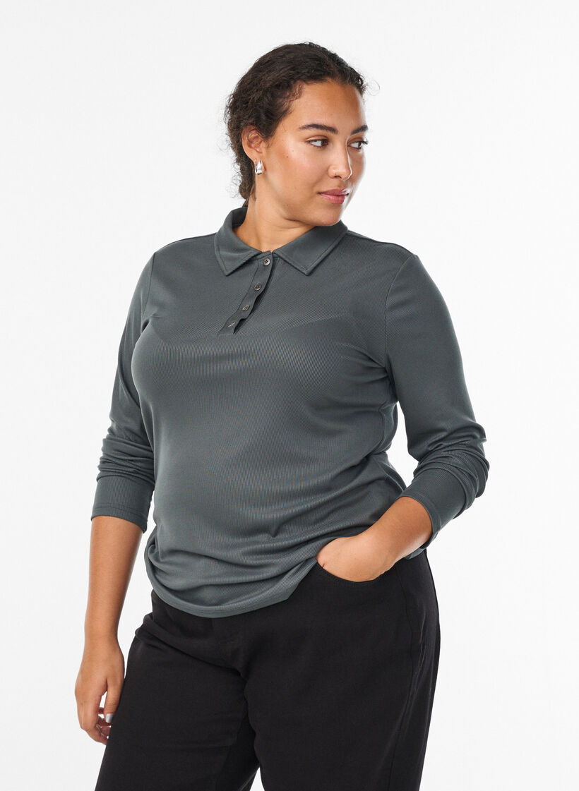 Pikétröja i mjuk ribb med långa ärmar, Grön, Model image number 0