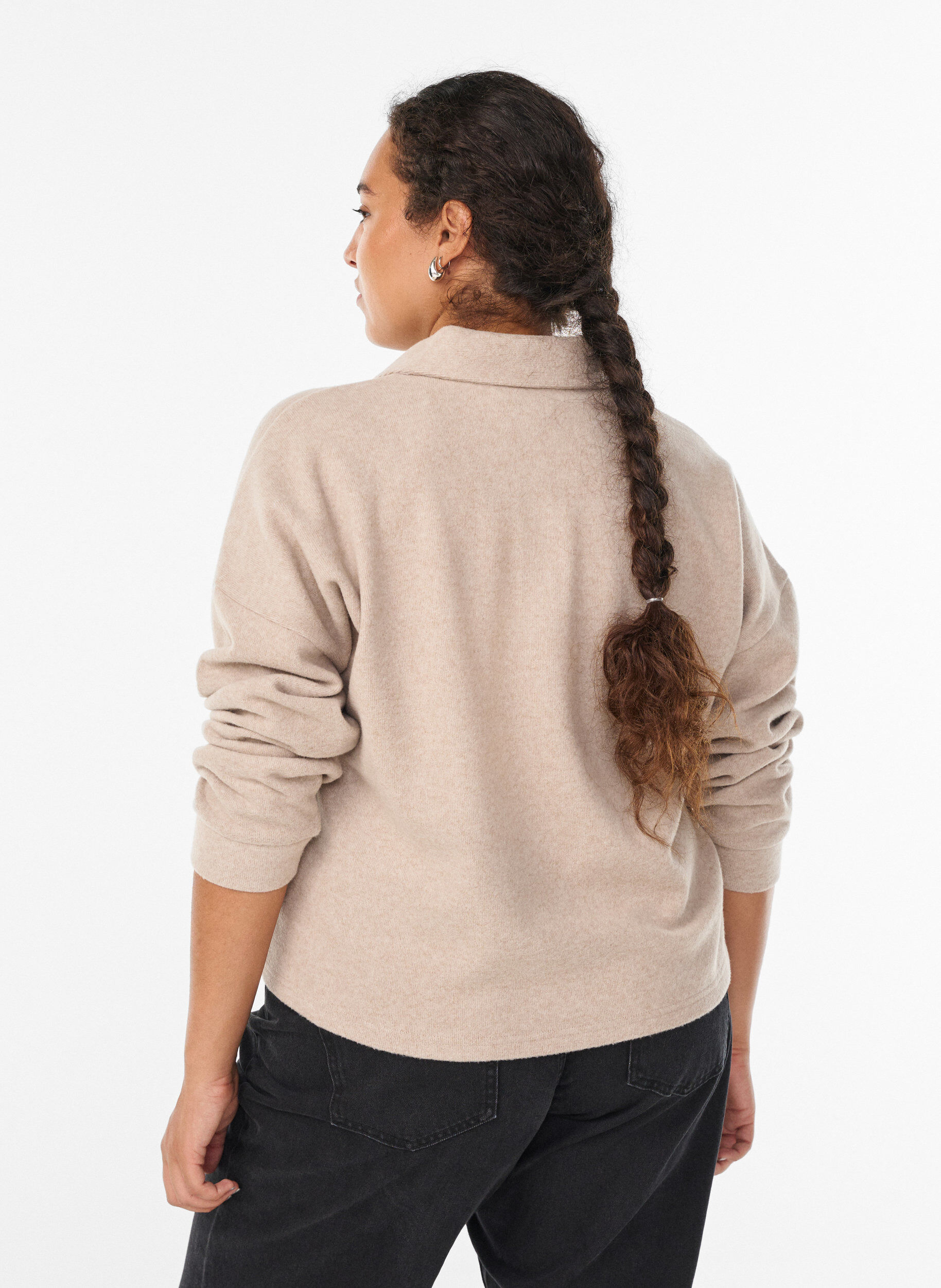 Zizzi Blus i jersey med krage och v-ringning, Beige, Model image number 2