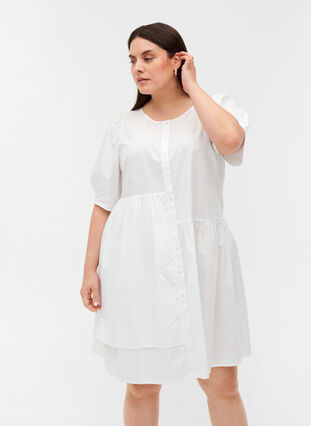 Skjortklänning i bomull med puffärmar, Bright White, Model image number 0