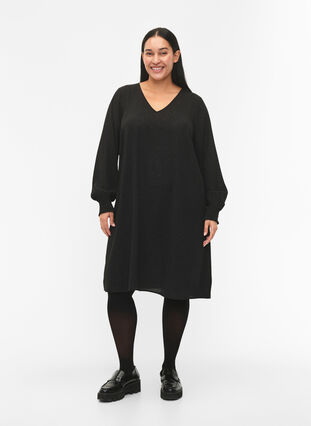 FLASH – Långärmad klänning med glitter, Black w. Silver , Model image number 2