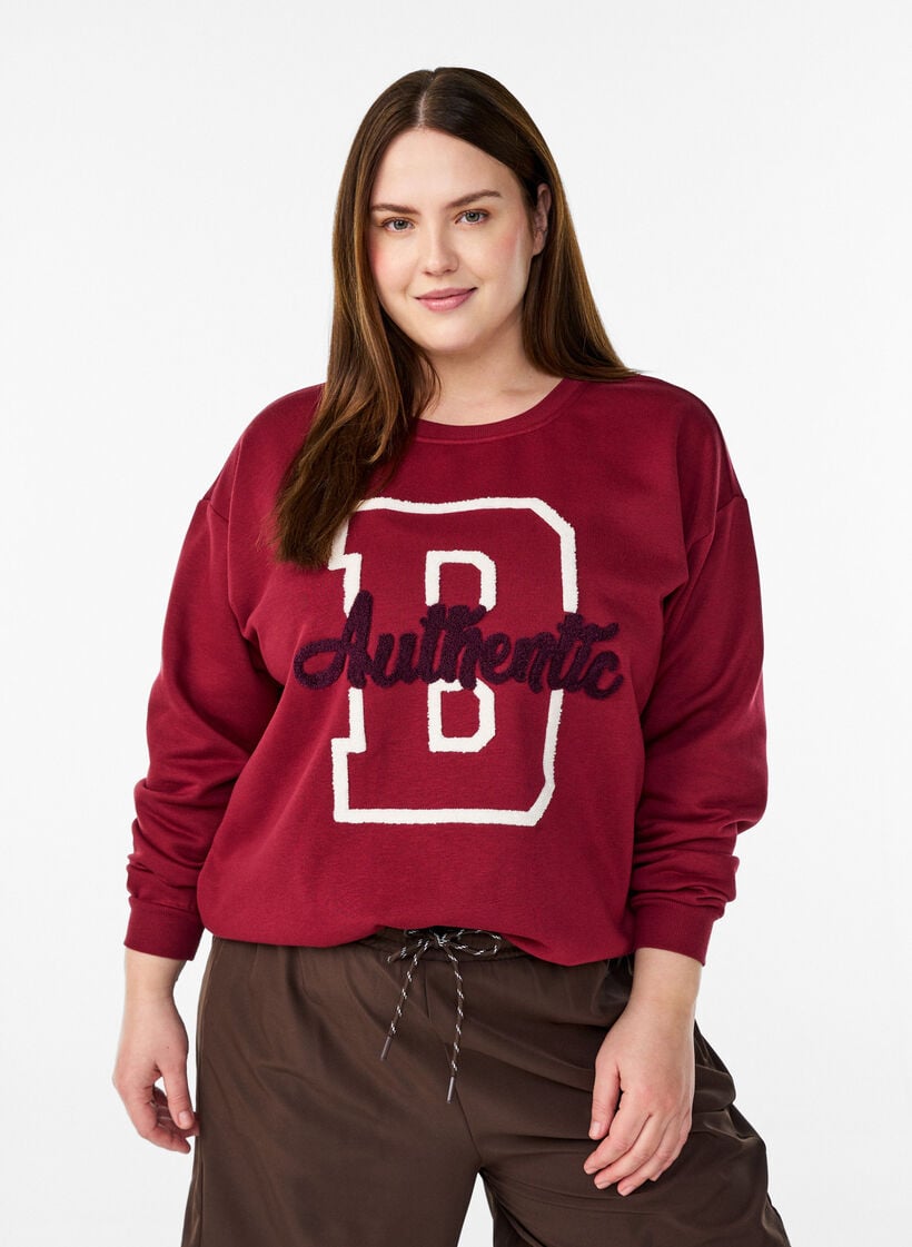 Sweatshirt med frott&eacute;text, M&ouml;rk Bordeaux, Model image number 0