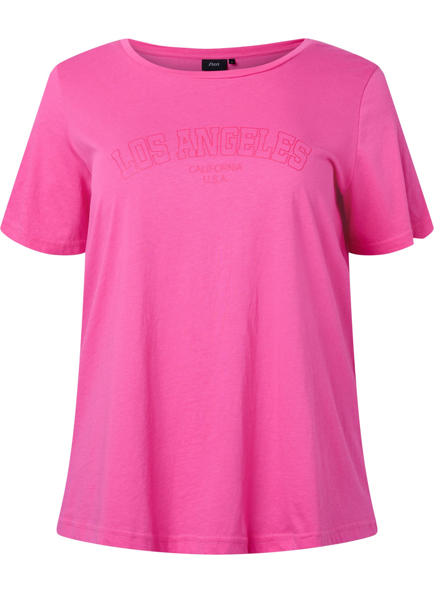 Zizzi T-shirt i bomull med texttryck, Shocking Pink W. LOS, Packshot image number 0