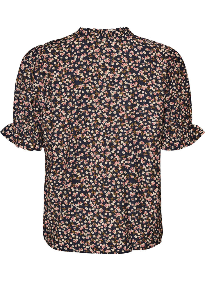 Blommig blus i viskos med korta &auml;rmar och smockdetaljer, Bl&aring;, Packshot image number 1