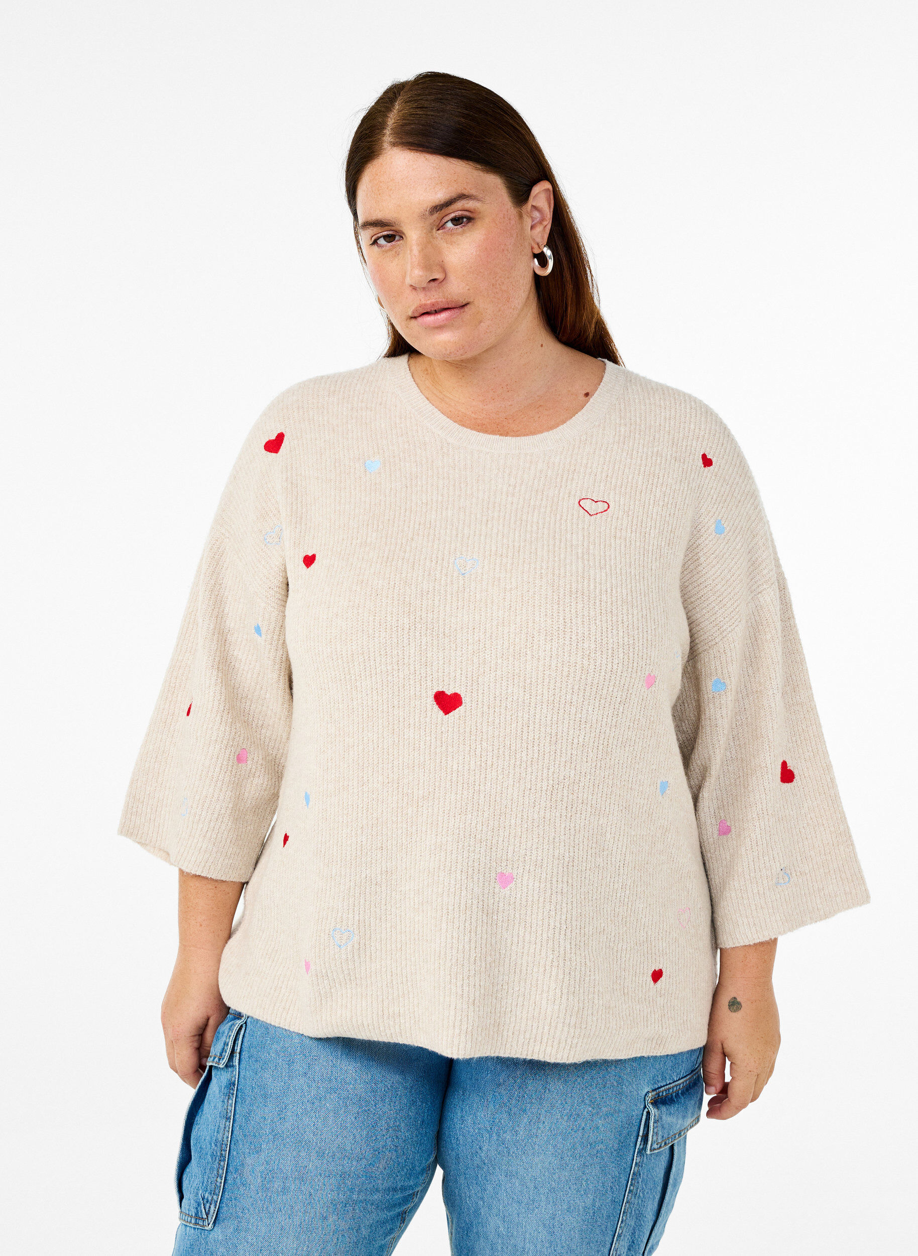 ZizziStickad blus med hj&auml;rtan och 3/4-&auml;rmar, Beige, Model image number 0