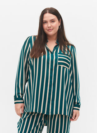 Randig skjorta med långa ärmar, Green Stripe, Model image number 0