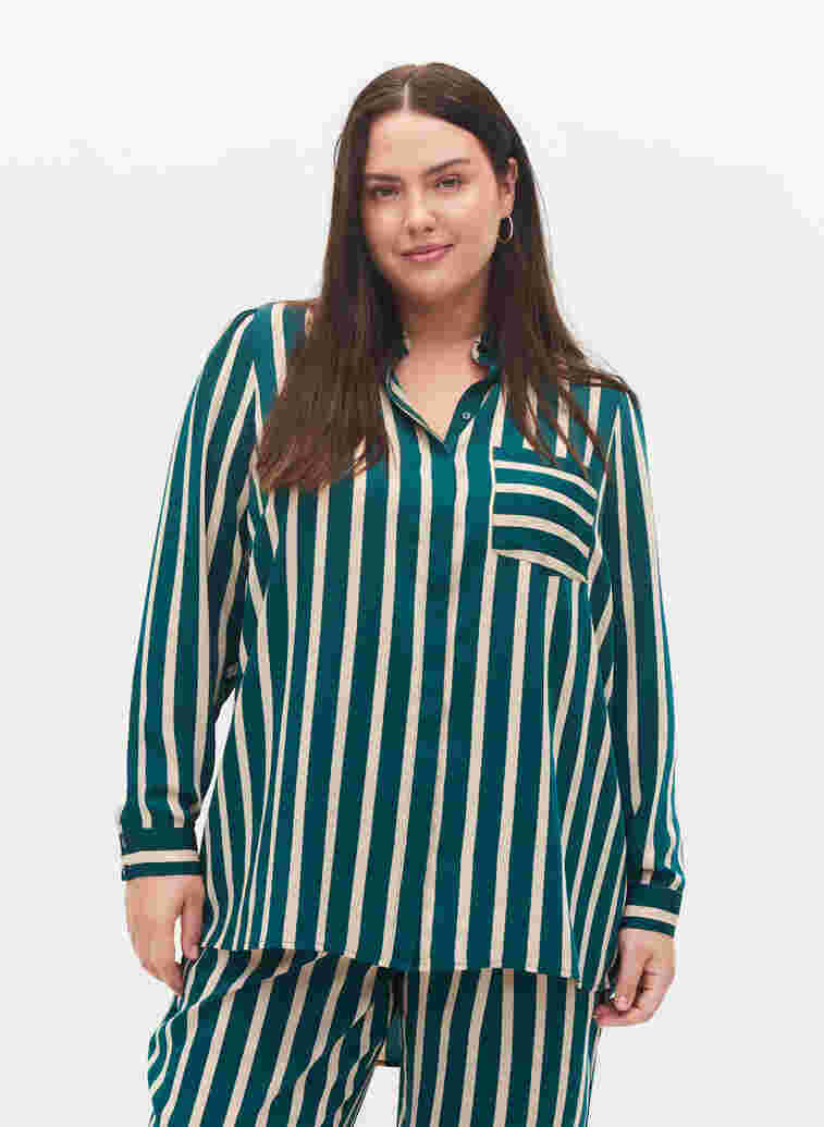 Randig skjorta med långa ärmar, Green Stripe, Model