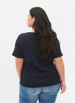 Ribbad t-shirt med knappar och korta ärmar, Navy Blazer, Model image number 1