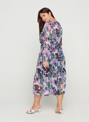 Blommig midiklänning med långa ärmar, Purple Flower mix, Model image number 1