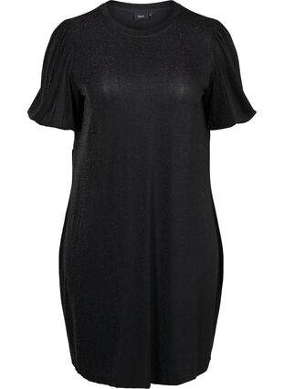 Glittrig klänning med korta ballongärmar, Black, Packshot image number 0