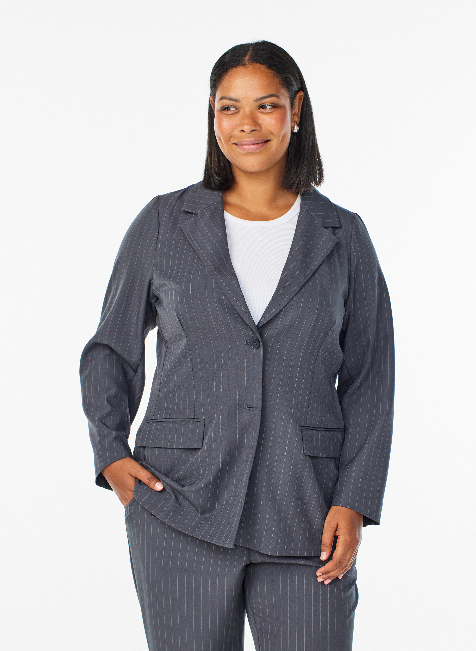 Blazer med fickor och slitsar, Gr&aring;, Model