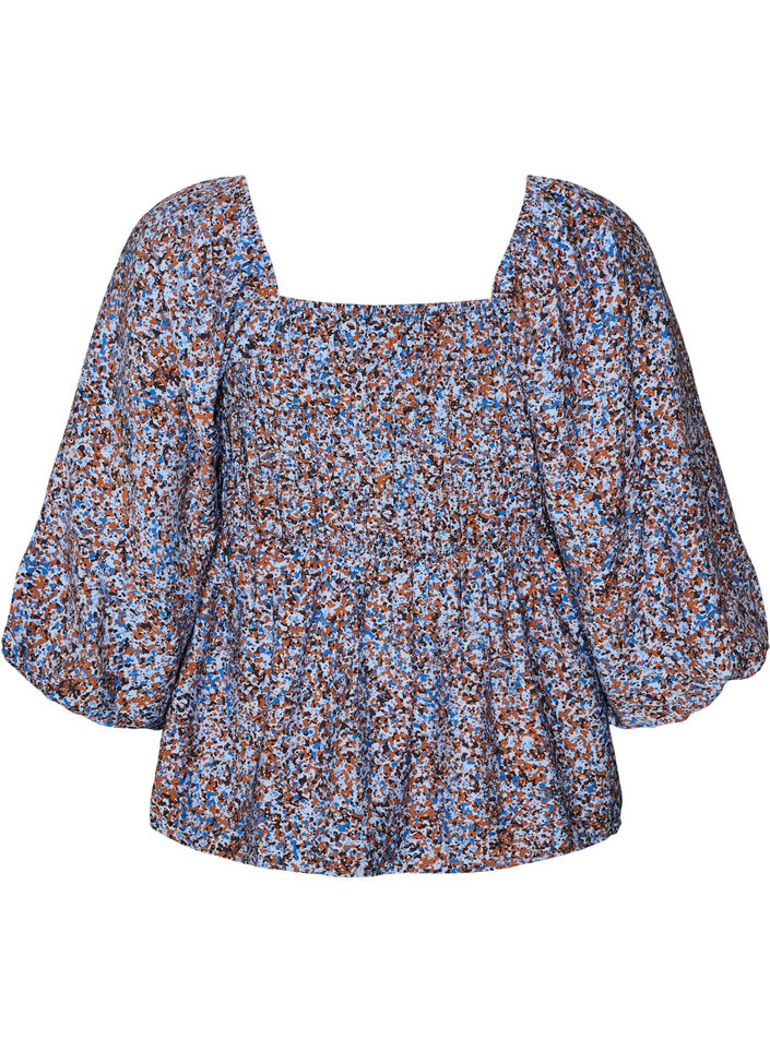 Blus med smock och fyrkantig ringning, Bl&aring;, Packshot image number 1