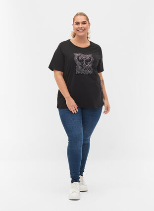 T-shirt med nitar i ekologisk bomull, Black Owl, Model image number 2