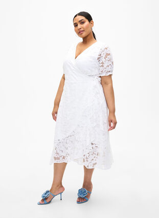 Omlottklänning med spets och korta ärmar, Bright White, Model image number 3