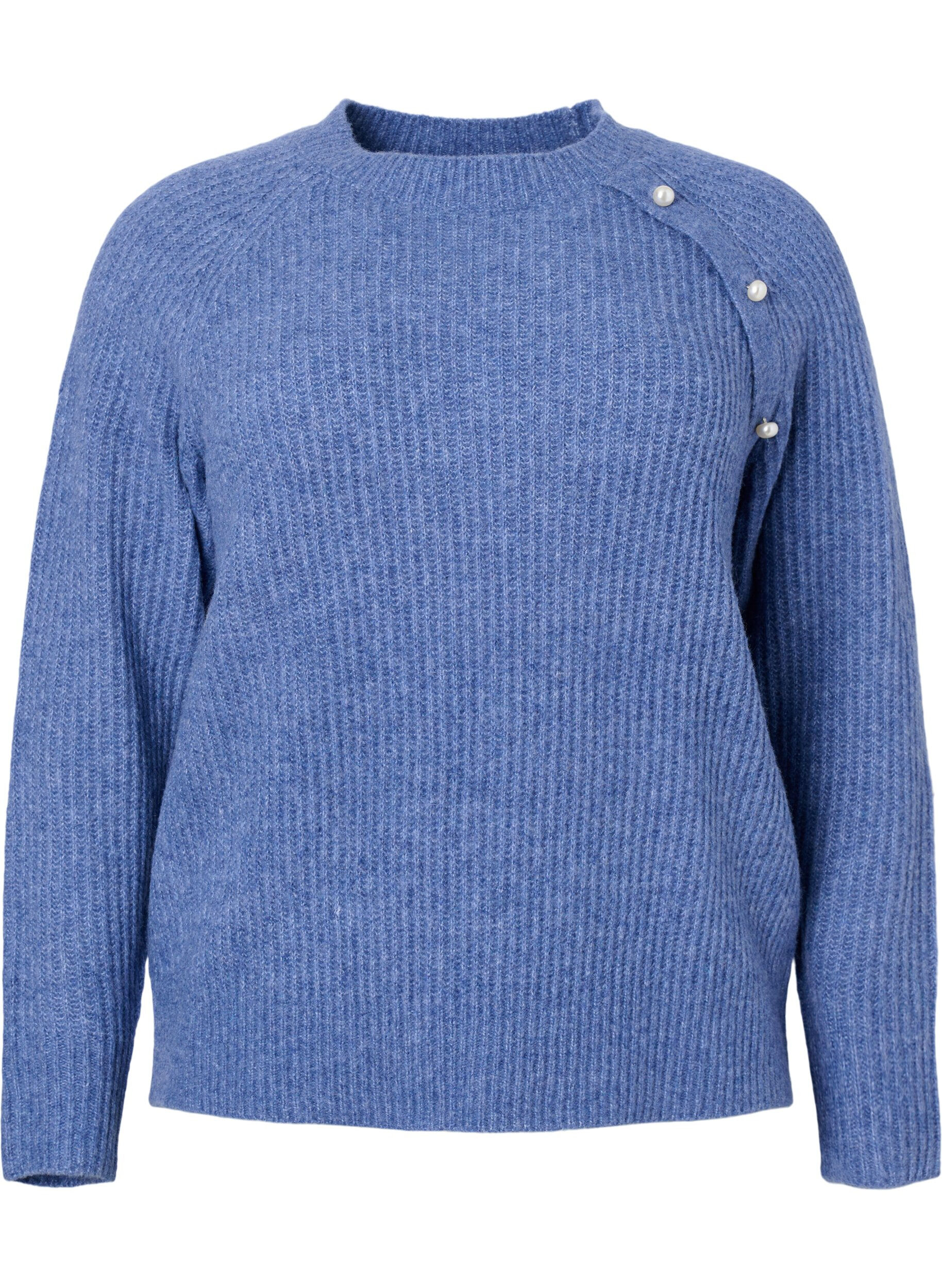 Zizzi Melerad pullover med p&auml;rlknappar, Coastal Fjord Mel., Packshot image number 0