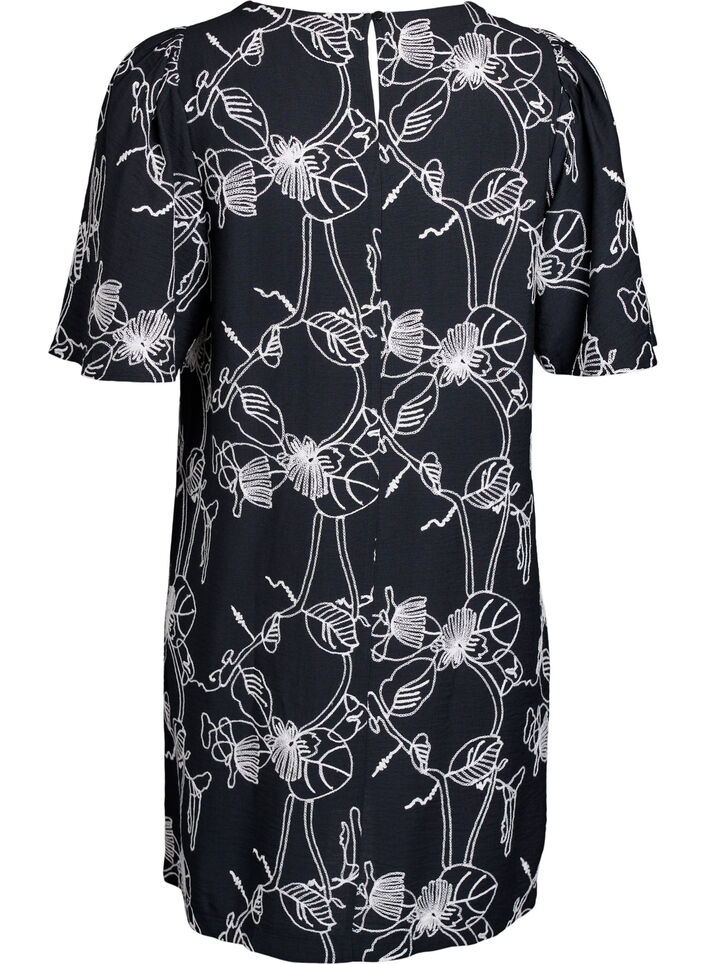 Kort A-linjeformad kl&auml;nning med broderat m&ouml;nster, Svart, Packshot image number 1