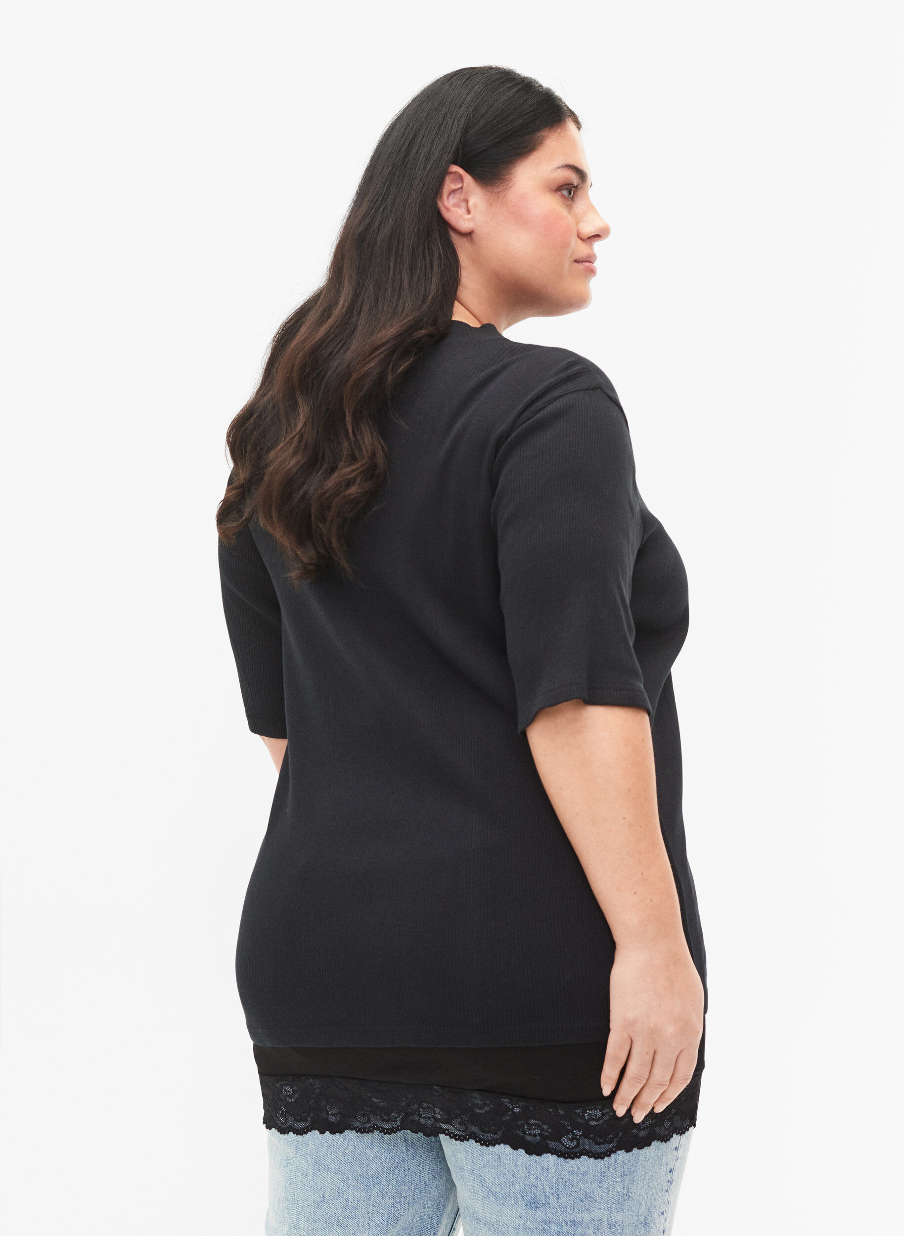 Zizzi 2-pack toppar f&ouml;rl&auml;ngare med spets trim, Black/Black, Model image number 1