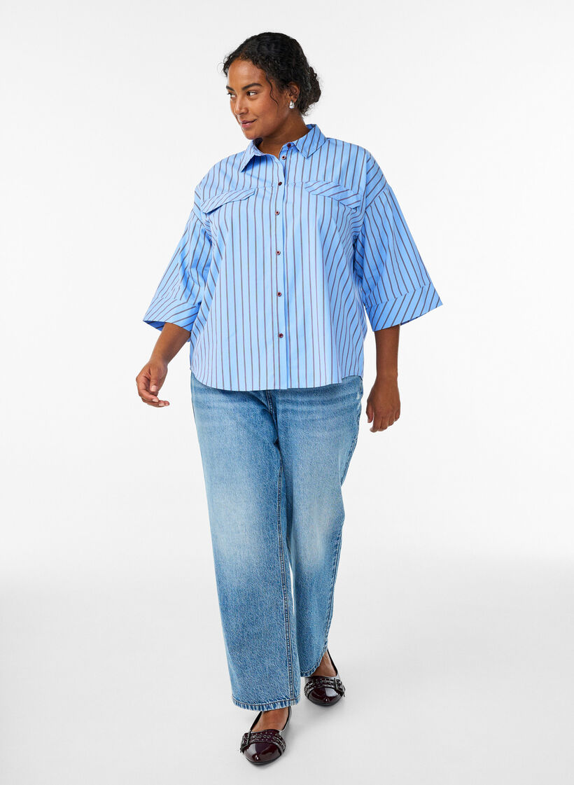 Randig skjorta i bomull med vida ärmar, Blå, Model image number 1