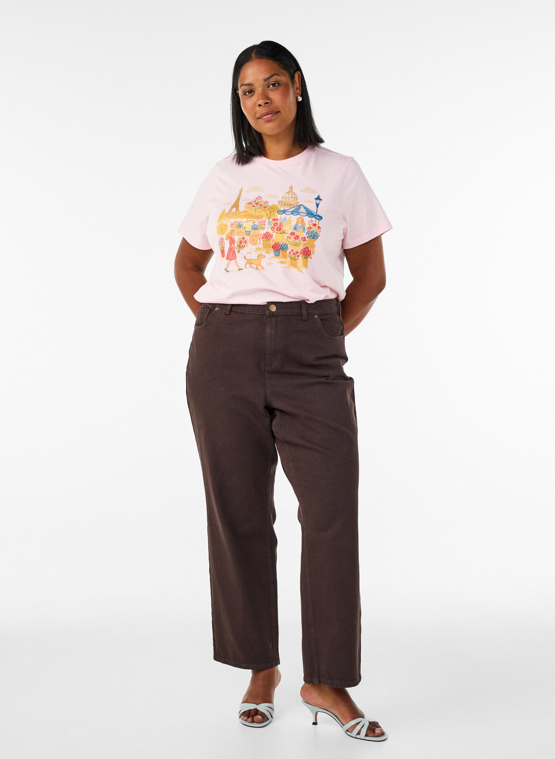 ZizziT-shirt i ekologisk bomull med tryck framtill, Rosa, Model image number 1