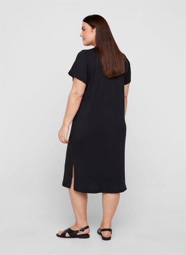 Ribbad klänning med korta ärmar och slits, Black, Model image number 1