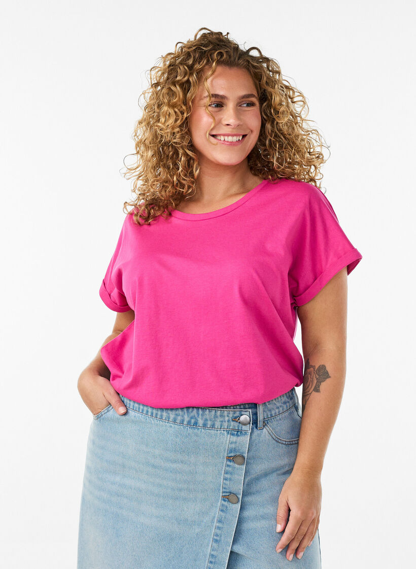 Kort&auml;rmad t-shirt i bomullsmix, Rosa, Model image number 0