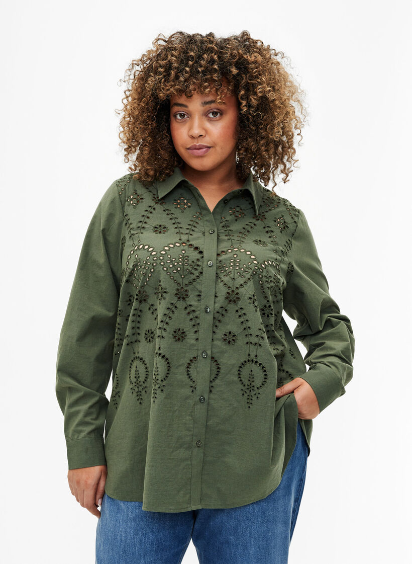 Bomullsskjorta med broderi anglaise, Thyme, Model image number 0