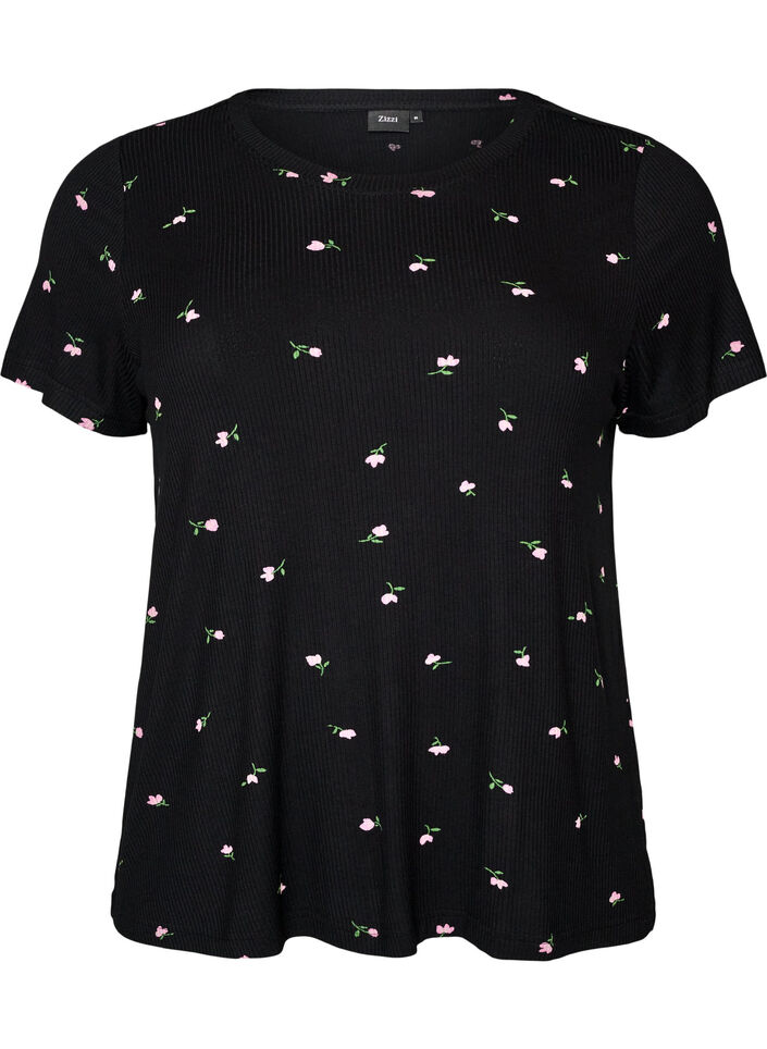Pyjamastopp med blommigt m&ouml;nster och ribbad struktur, Svart, Packshot image number 0