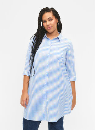 Lång randig skjorta med trekvartsärmar, Marina W. Stripe, Model image number 0