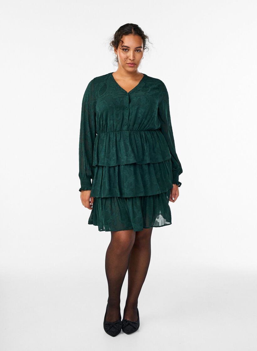 Kort kl&auml;nning med volanger och strukturm&ouml;nster, Gr&ouml;n, Model image number 1