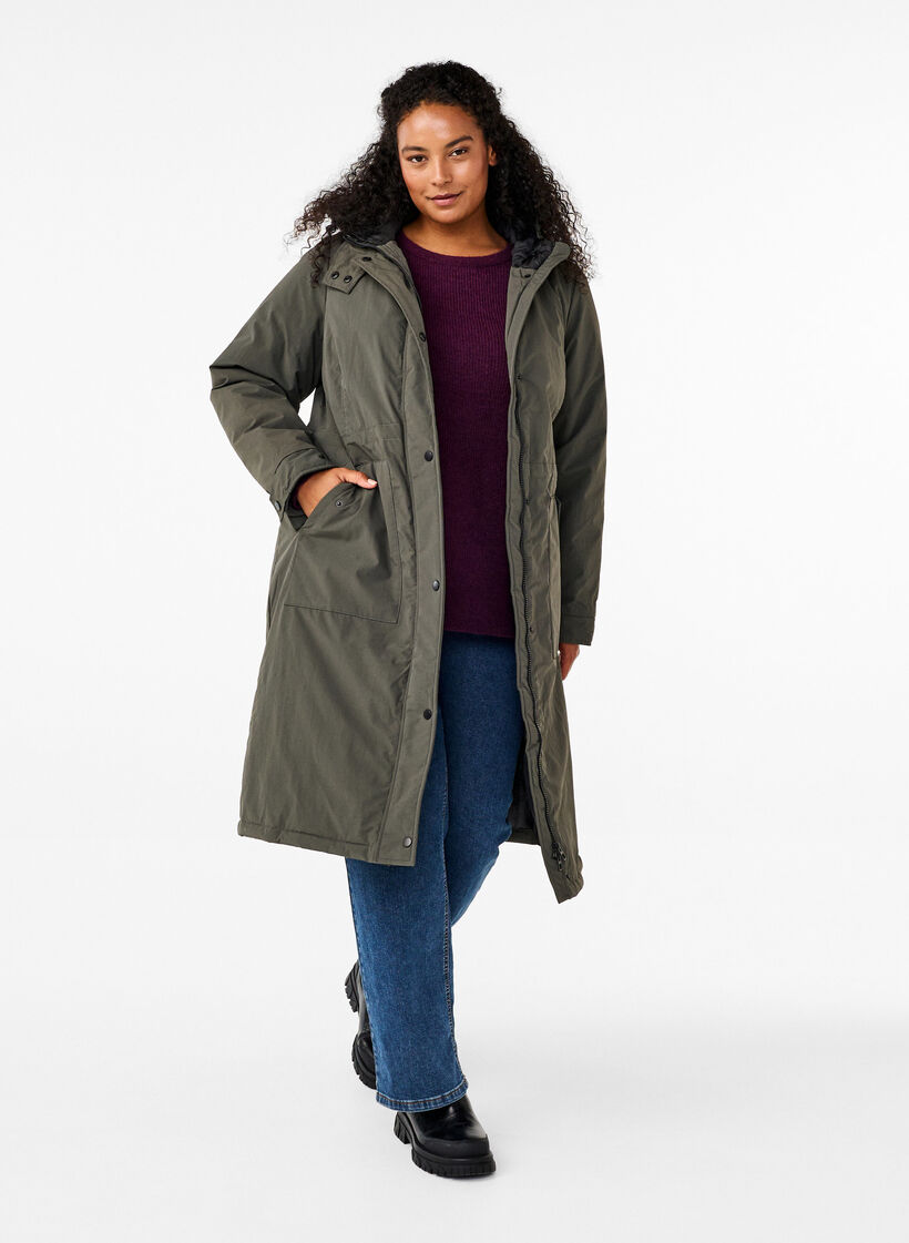 Parkas med huva och justerbar midja, Black Olive, Model image number 1