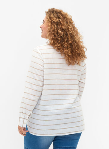 Skjortblus med knappstängning i bomull-linblandning, White Taupe Stripe, Model image number 1