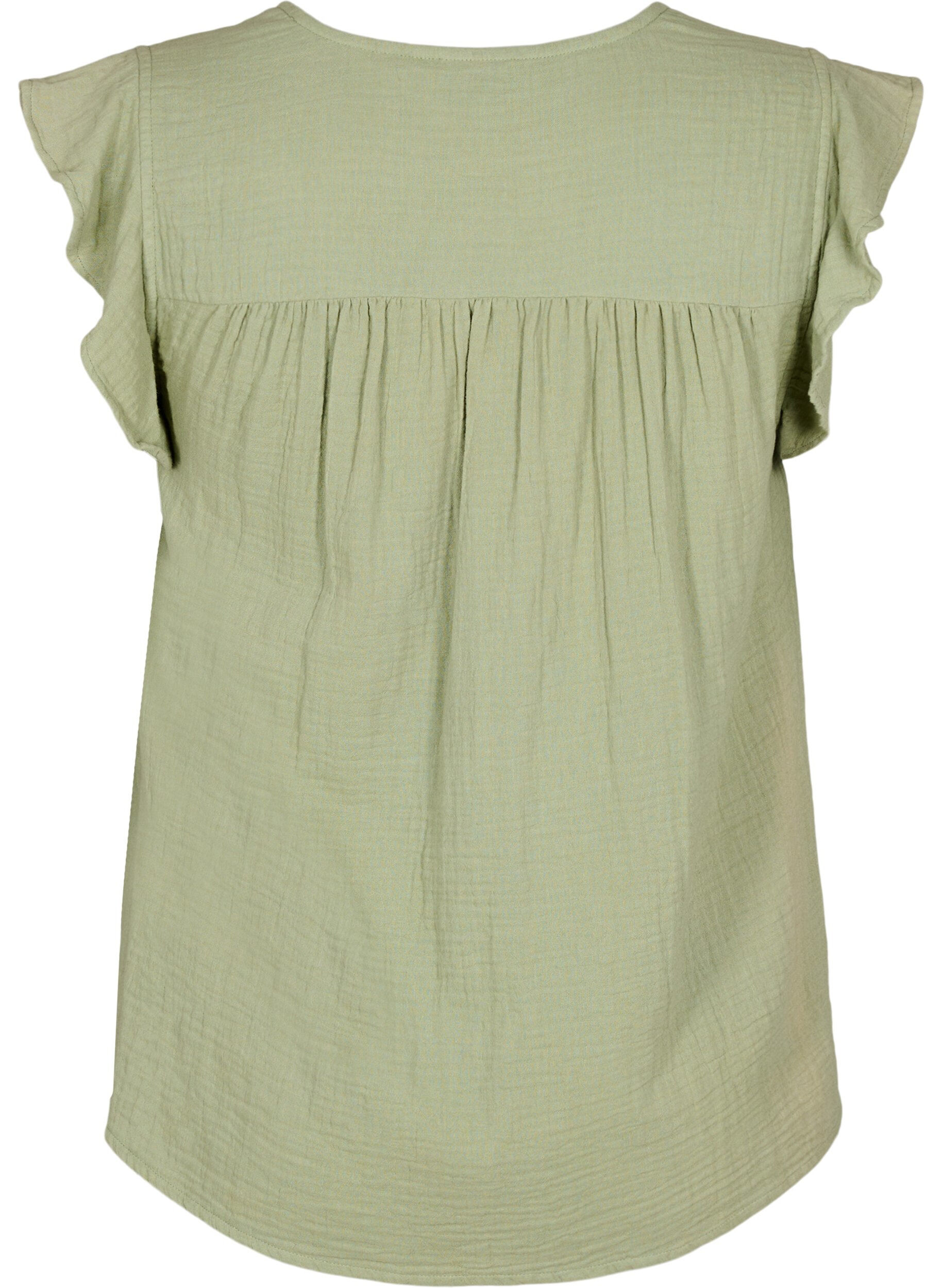 Zizzi&Auml;rml&ouml;s topp i bomullsmuslin med volanger, Gr&ouml;n, Packshot image number 1