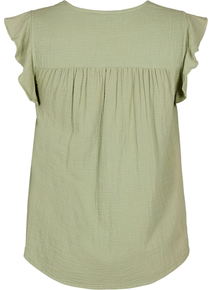 &Auml;rml&ouml;s topp i bomullsmuslin med volanger, Gr&ouml;n, Packshot image number 1