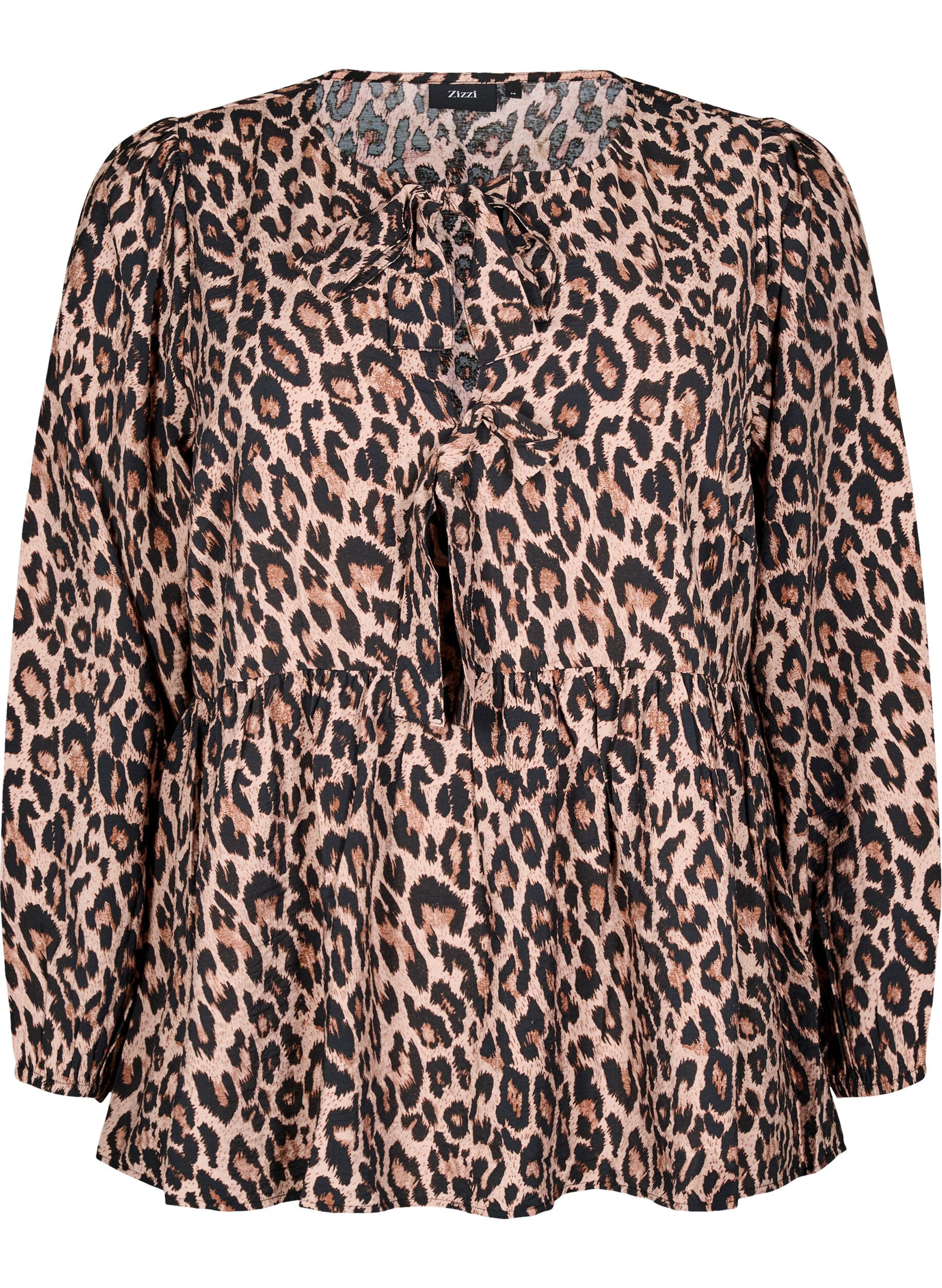 Zizzi Peplum-blus med knyt och leopardm&ouml;nster, Brun, Packshot image number 0