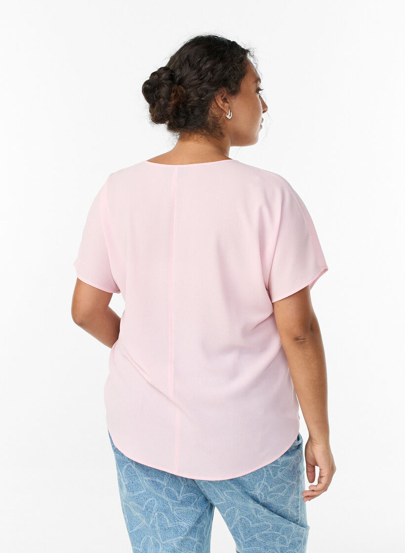 Blus med korta &auml;rmar och rund halsringning, Rosa, Model image number 2