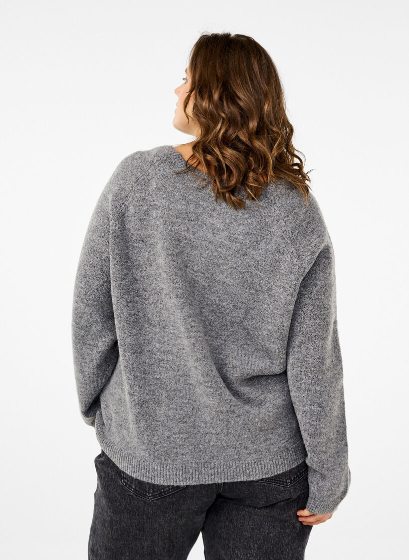 Löst sittande stickad blus med rund hals, Medium Grey Melange, Model image number 1